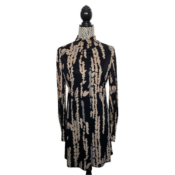 Trina Turk Silk Mock Neck Abstract Leaf Print Mini Dress‎ Black Size 10 - Picture 4 of 12